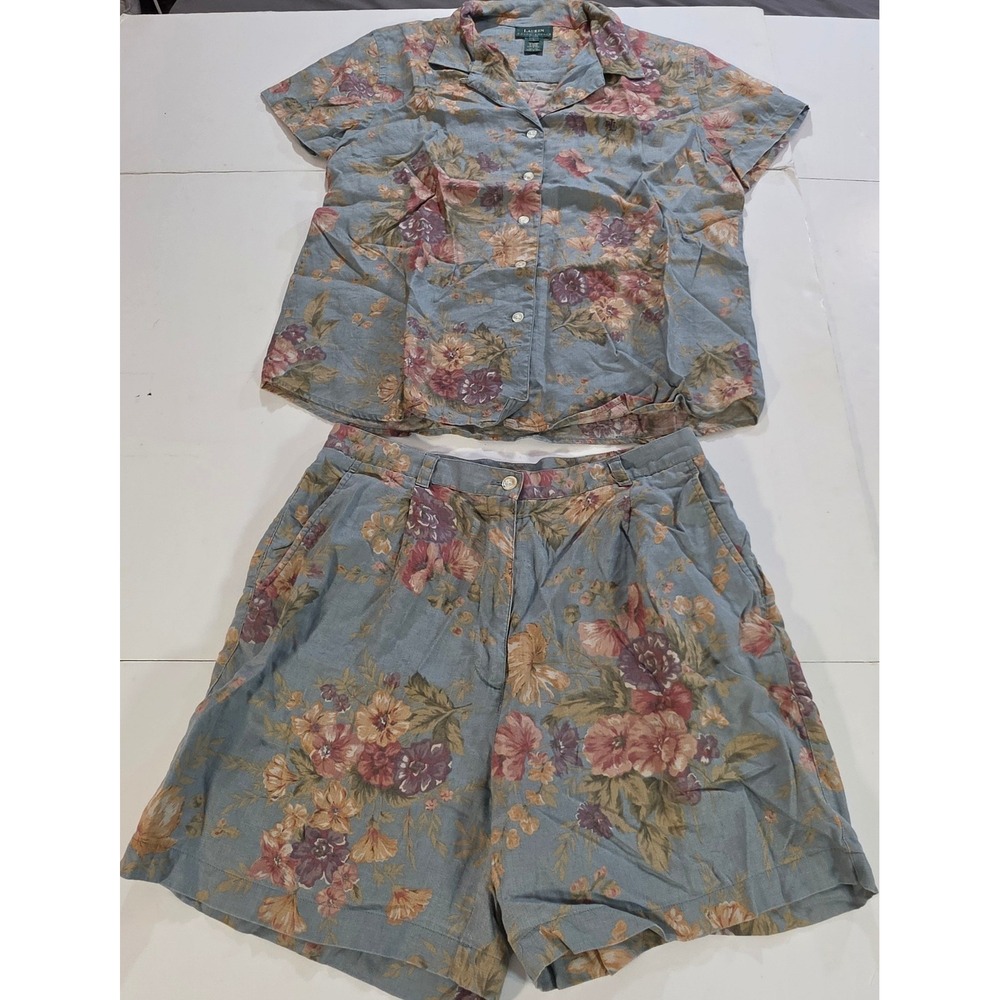 Vtg Lauren Ralph Lauren Linen FLoral 2 Pc Set Shorts 12 Shirt Large Cottagecore